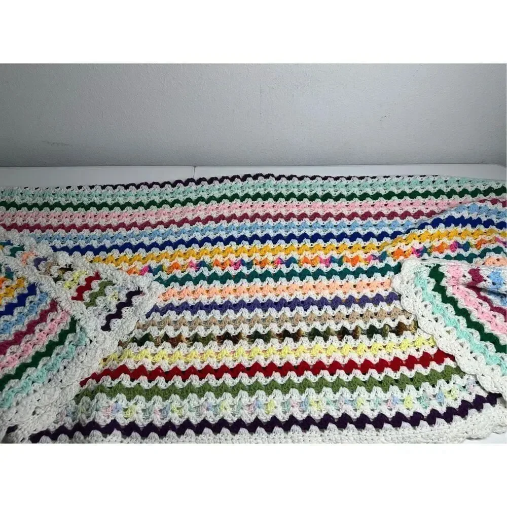 Vintage Crochet Afgan Blanket Zip Zag Multi Color